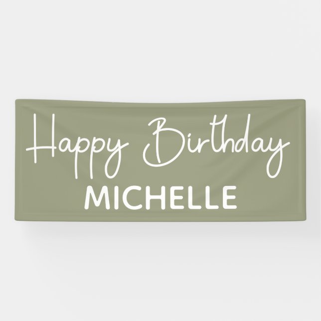 Lona Feliz cumpleaños Sage Green White Whimsical Script (Horizontal)