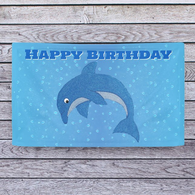 Lona Feliz cumpleaños saltando espuma como delfín azul (Blue sparkling dolphin jumping with water bubbles on bright blue Happy Birthday party banner for kid)