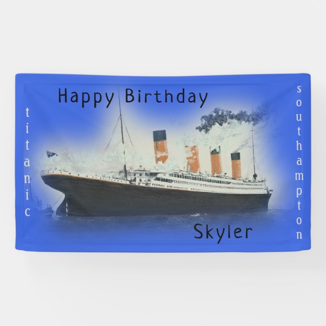 Lona Feliz cumpleaños Titanic Ship Name Marine Blue (Horizontal)