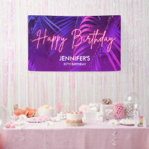 Feliz Cumpleaños Tropical Purpura Rosa Neon Hoja d