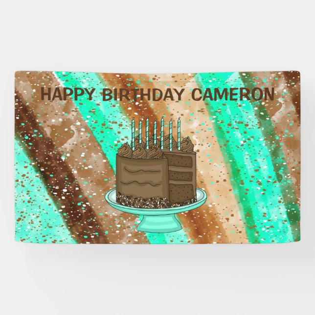 Lona Feliz cumpleaños Verde azulado y marrón personaliz (Horizontal)