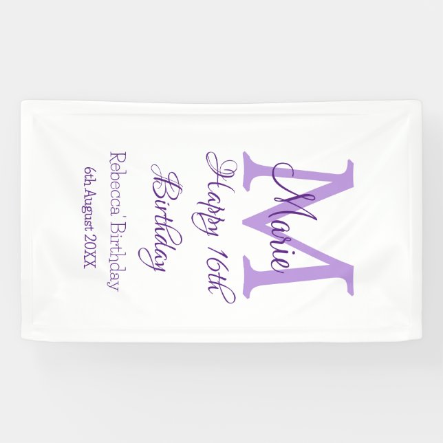 Lona Feliz día 16 púrpura agregar nombre monograma mode (Horizontal)