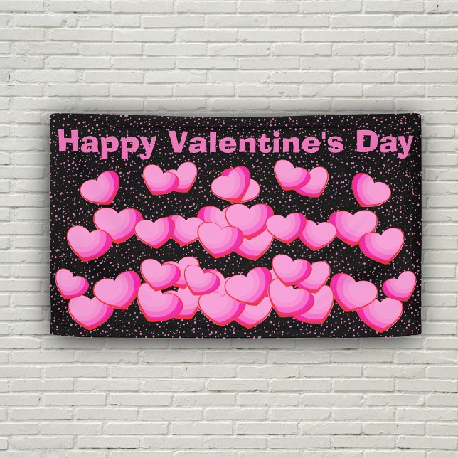 Lona Feliz Día de San Valentín Bonito de los clubes de  (Cluster of vibrant pink hearts with pink polka dots on black Happy Valentines Day decoration banner.)