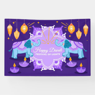 Lona Feliz Diwali con elefantes, rangoli y diya
