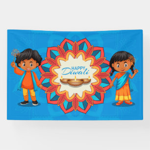 Lona Feliz Diwali con niños, rangoli y diya