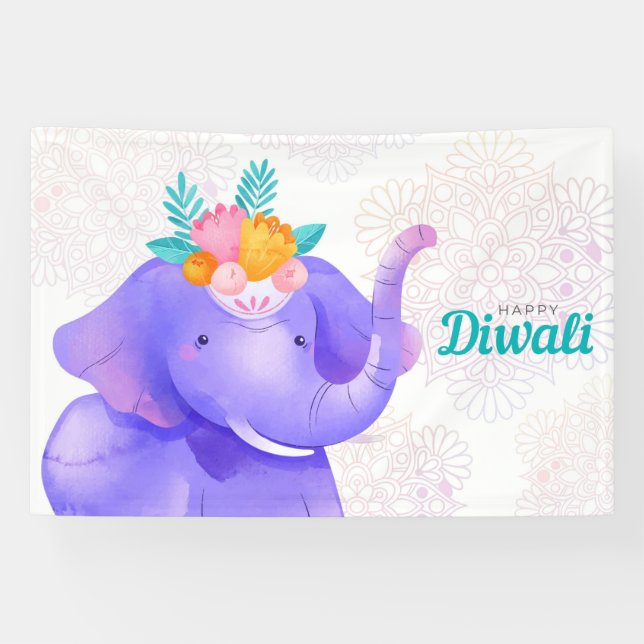 Lona Feliz Diwali con Rangoli y Elefante (Horizontal)