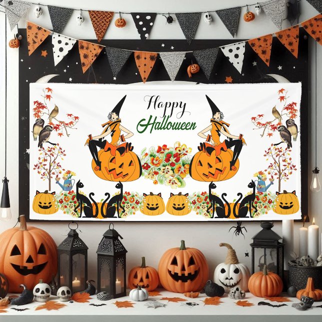 Lona Feliz Halloween Bewitando Carne de Calabaza Negra  (Happy Halloween Bewitching Fall Pumpkin Black Cat Banner)