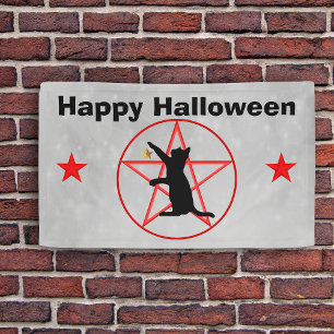 Lona Feliz Halloween Black Cat Stars Pentagram Gray