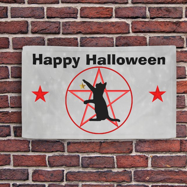 Lona Feliz Halloween Black Cat Stars Pentagram Gray (Black cat silhouette on pentagram in circle stars on grey Happy Halloween banner decoration.)