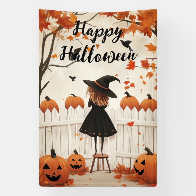 Lona Feliz Halloween, bruja y calabazas (Vertical)