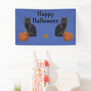 Lona Feliz Halloween: Calabazas de gatos negros en azul