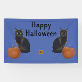 Lona Feliz Halloween: Calabazas de gatos negros en azul