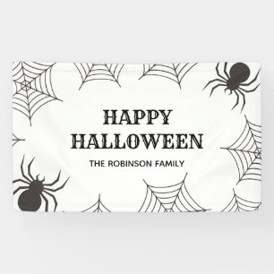 Lona Feliz Halloween Cobweb Spiders Fiesta Blanco y Neg