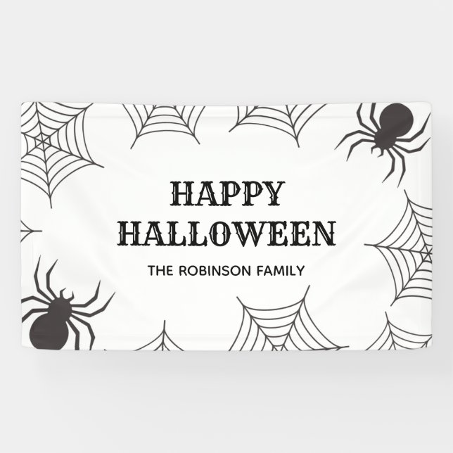 Lona Feliz Halloween Cobweb Spiders Fiesta Blanco y Neg (Horizontal)