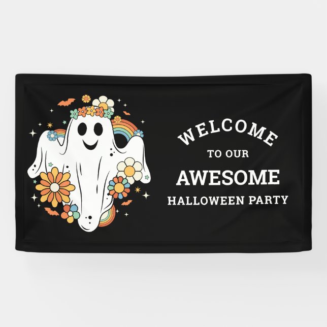 Lona Feliz Halloween con el retro fantasma Hippie (Horizontal)
