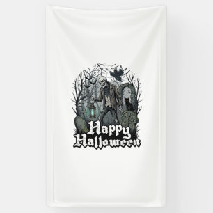 Lona Feliz Halloween Esqueleto Linterna Gato Negro Grav
