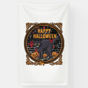 Lona Feliz Halloween Gato Negro Calabazas Huesos_1