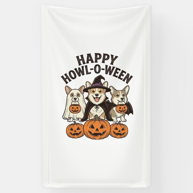 Lona Feliz Howl-O-Ween Corgi Halloween Perro Vector Des (Vertical)