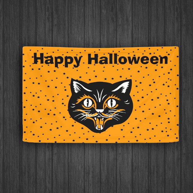 Lona Feliz Naranja de la estrella del rostro del gato n (Happy Halloween banner decoration with vintage black cat face on orange with black stars.)