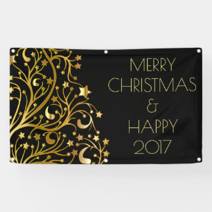Lona Feliz Navidad 2017 Estrellas de árbol de oro negro