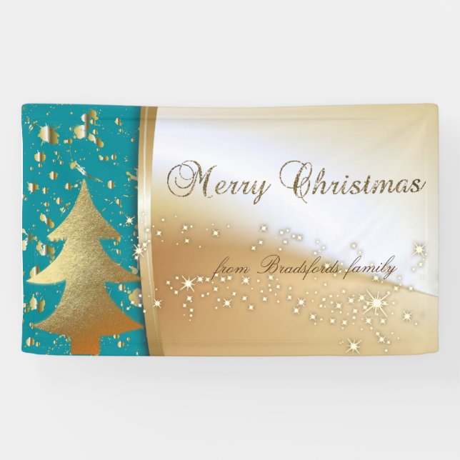 Lona Feliz Navidad, Árbol de Navidad, Faux Gold (Horizontal)