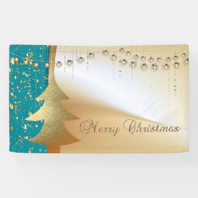 Lona Feliz Navidad, Árbol de Navidad, Faux Gold (Horizontal)