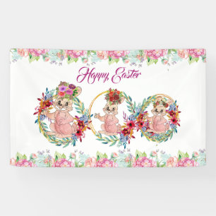 Lona Feliz Navidad Bunny Watercolor Floral Wreath