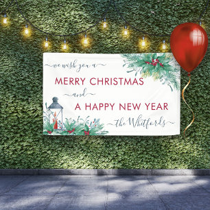 Lona Feliz Navidad Feliz Año Nuevo Acebo Muérdago