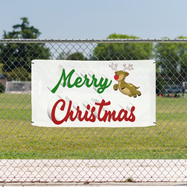 Lona Feliz Navidad Flying Reindeer guión verde rojo (in situ)