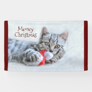 Lona Feliz Navidad Meowy Gato Gris Atigrado Lindo