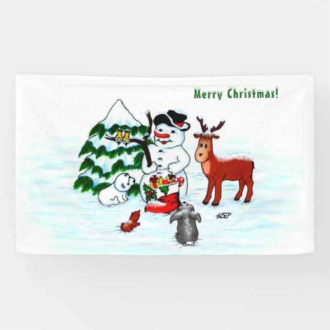 Lona ¡Feliz Navidad! Snowman con sus amigos (Horizontal)
