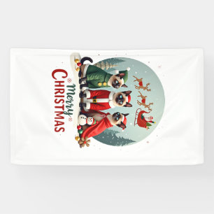 Lona Feliz Navidad Tres Santa Elfo Reno Siamés C