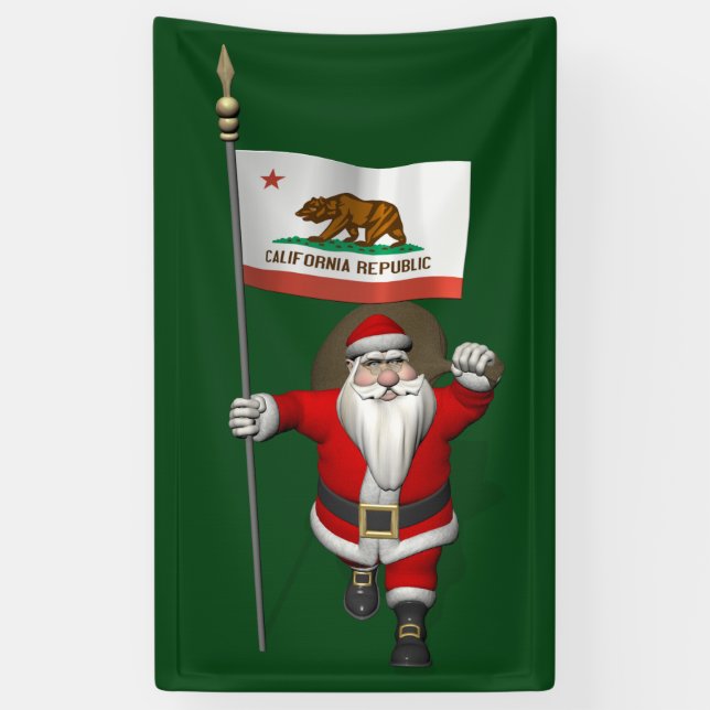 Lona Feliz Papá Noel Con Bandera De California (Vertical)