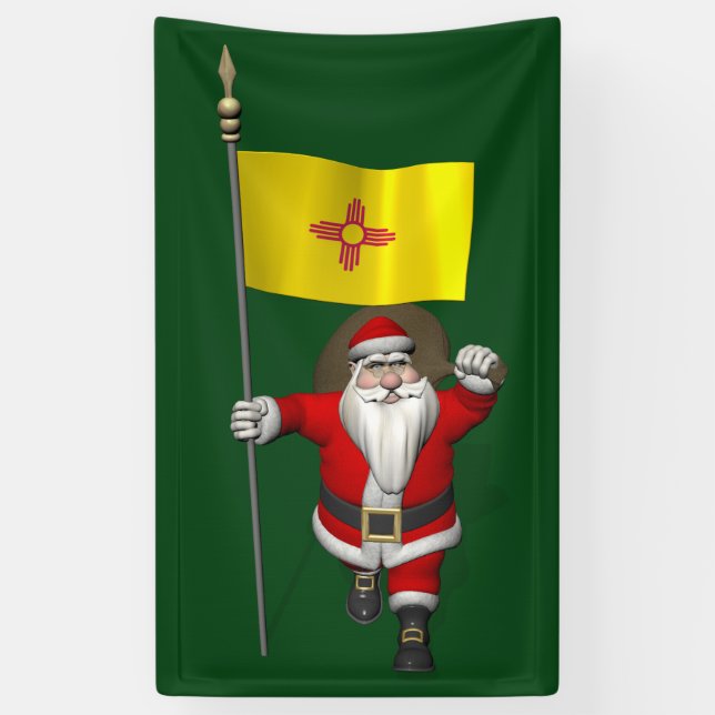Lona Feliz Papá Noel Con Bandera De Nuevo México (Vertical)