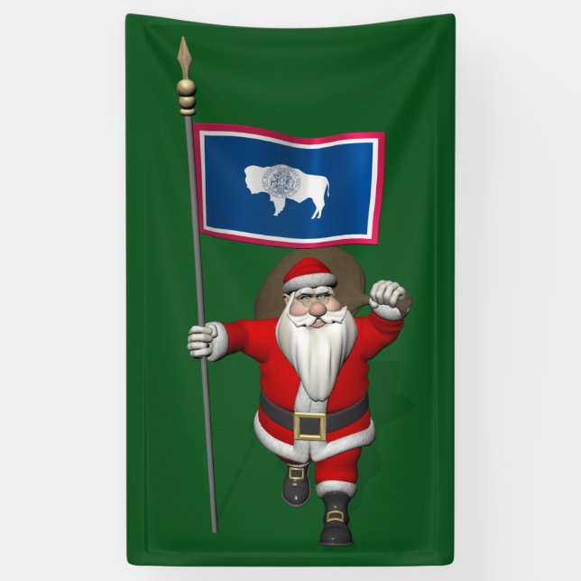 Lona Feliz Papá Noel Con Bandera De Wyoming (Vertical)