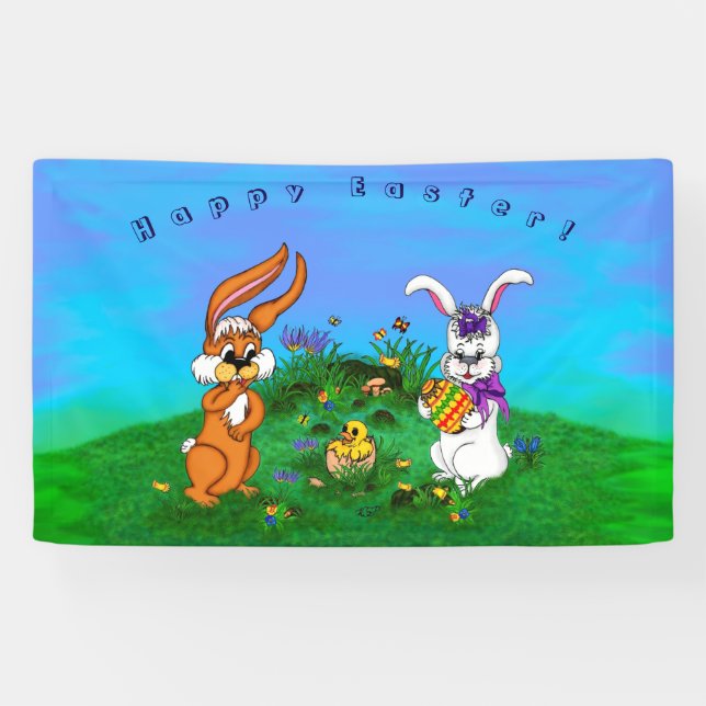 Lona ¡Feliz Pascua! Conejo con conejo y pollo (Horizontal)