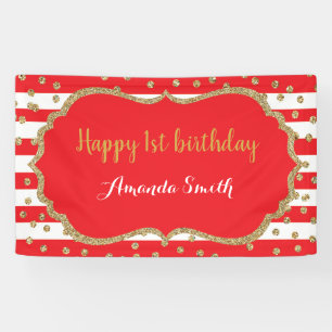 Lona Feliz primer cumpleaños Banner Purpurina rojo y or