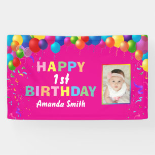 Lona Feliz primer cumpleaños, globos coloridos, rosa c