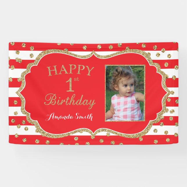 Lona Feliz primer cumpleaños panner Purpurina Red Gold. (Horizontal)