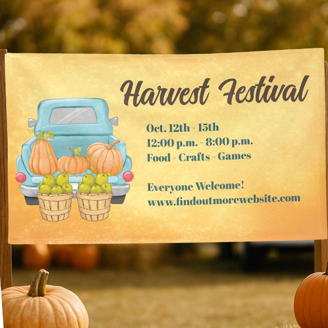 Lona Festival de cosecha de otoño de la calabaza (Fall Harvest Festival banner with pumpkins, truck, and event details. Perfect for festive autumn dec)
