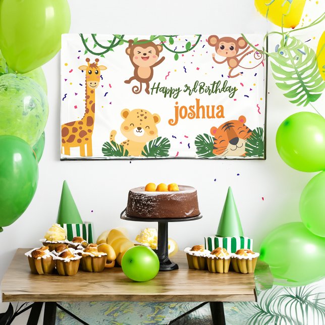 Lona Fiesta animal de la jungla dulce banner de cumplea (Cute jungle animal party personalized banner tiger leopard giraffe monkey birthday party banner)