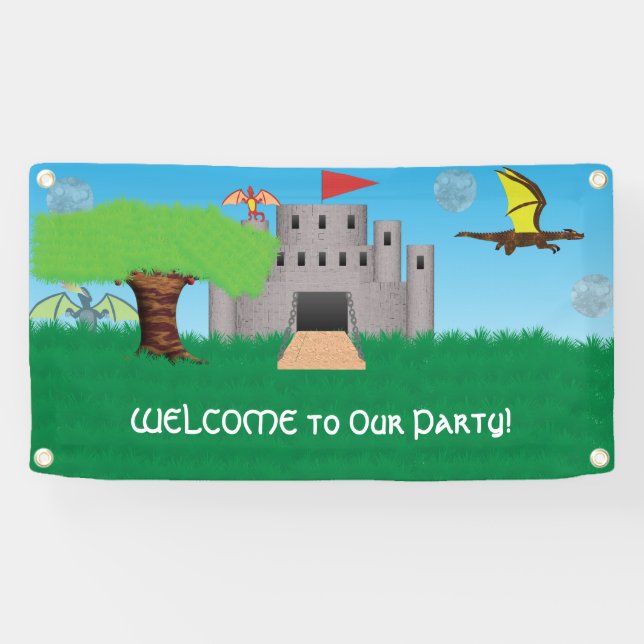 Lona Fiesta con tema de castillo y dragón (Horizontal)