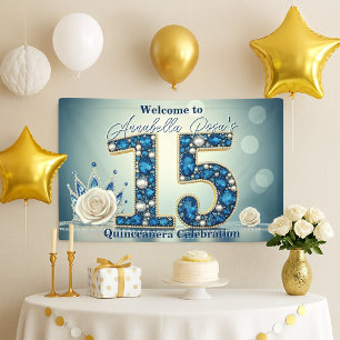 Lona Fiesta de 15 cumpleaños Blue Jewels & Silver Crown