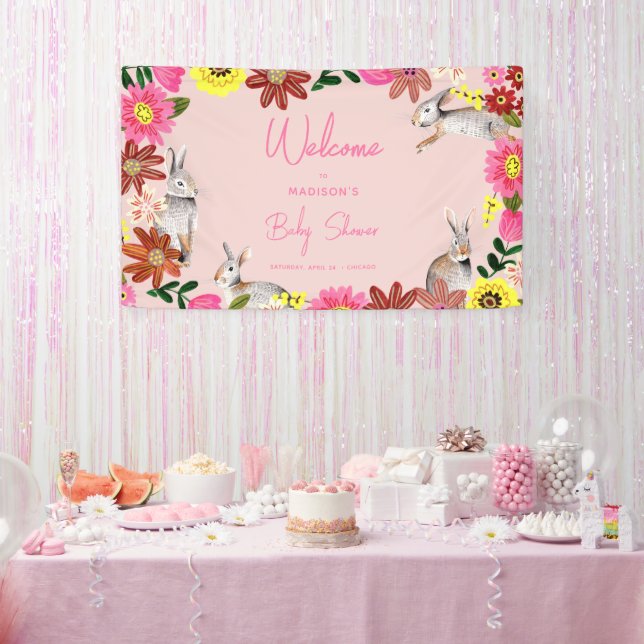 Lona Fiesta de Baby Shower conejitos rosas florales (Fiesta)