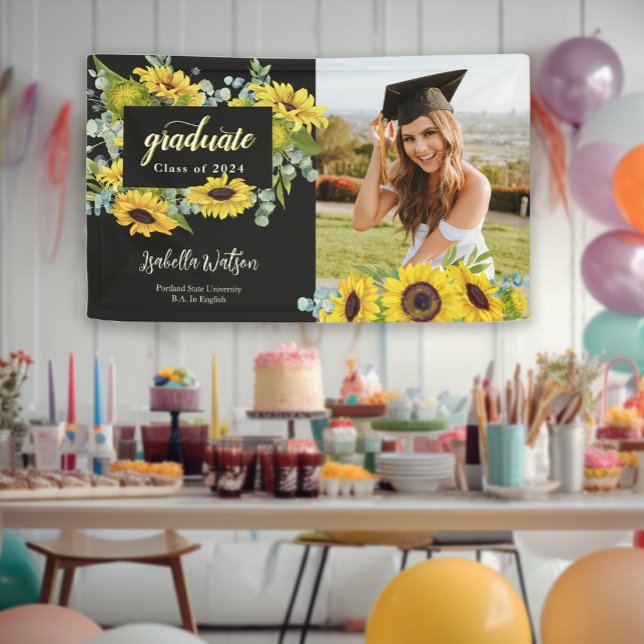 Lona Fiesta de bienvenida a la graduación del guión de  (Sunflower Photo Script Graduation Welcome Party Banner)