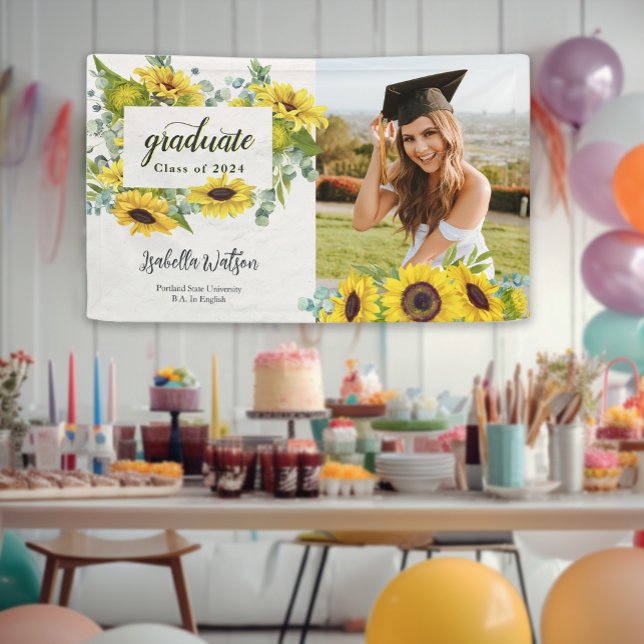 Lona Fiesta de bienvenida a la graduación del guión de  (Sunflower Photo Script Graduation Welcome Party Banner)