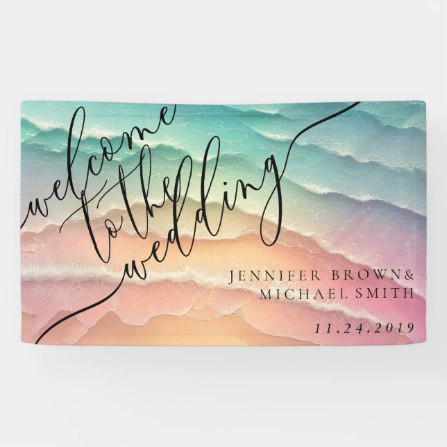 Lona Fiesta de bienvenida rosa Blue Ocean Beach (Horizontal)