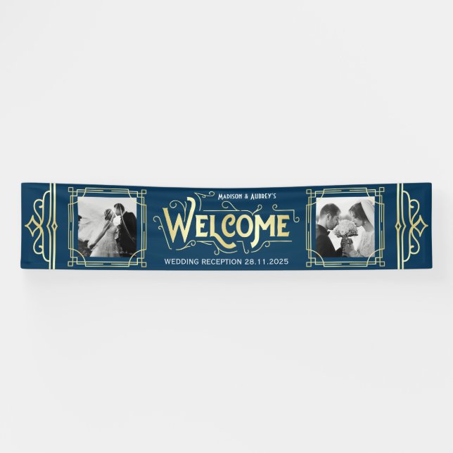 Lona Fiesta de cena Art Deco Boda Gold Blue (Horizontal)
