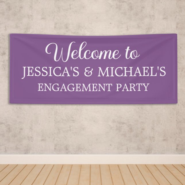 Lona Fiesta de compromiso elegante con letra morada (Purple engagement party banner personalized with names)