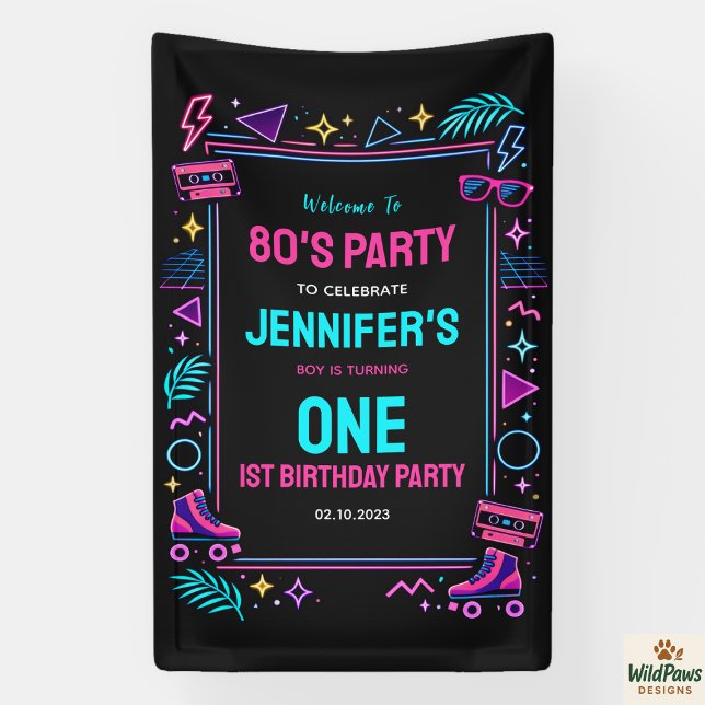 Lona Fiesta de cumpleaños 1º con estilo neón retro mode (Modern Retro Neon 80’s 1st Birthday Party Banner)